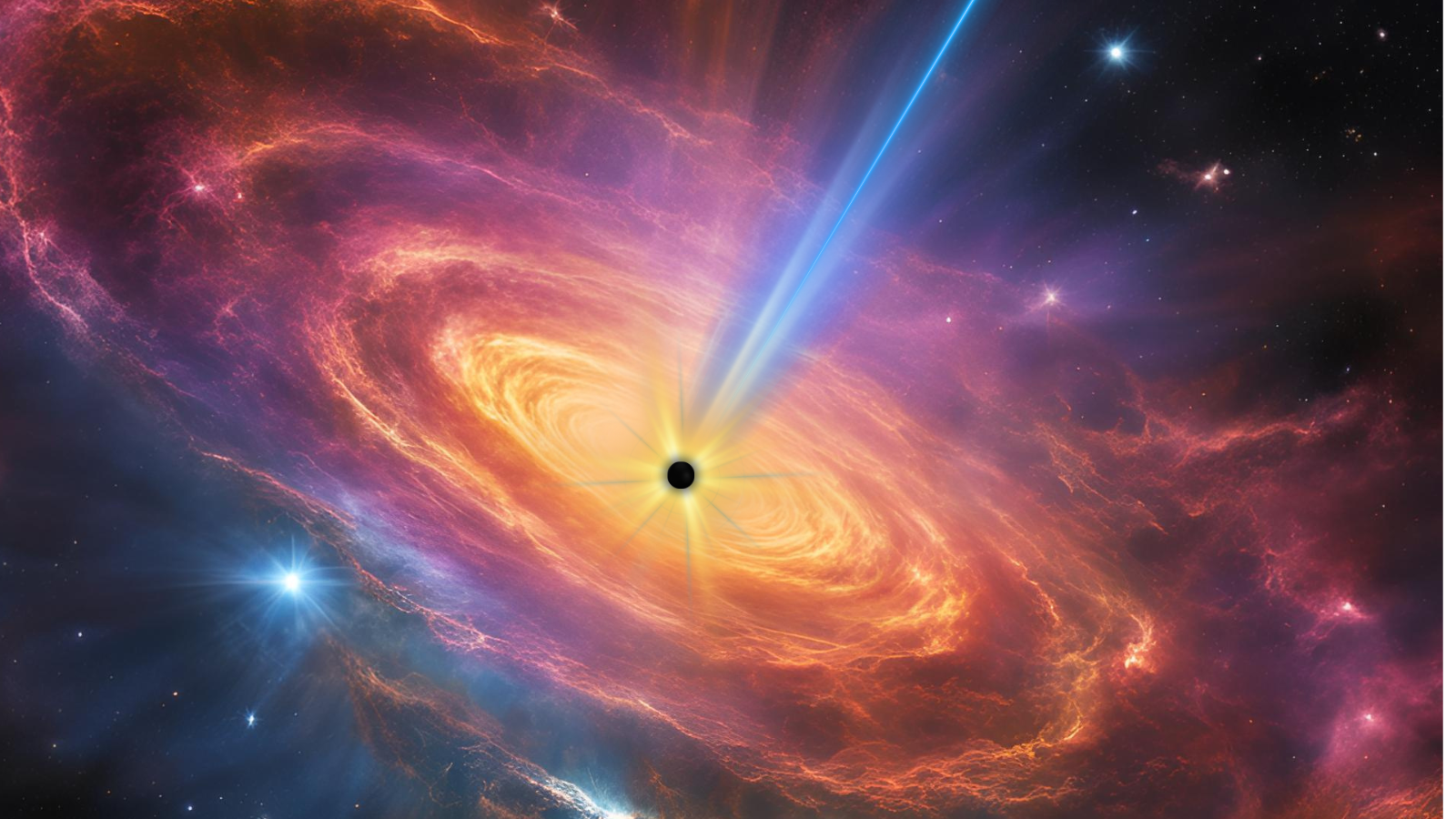 a multi-colored swirl of light with a black orb in the center. the black orb is blasting out a white line of light
