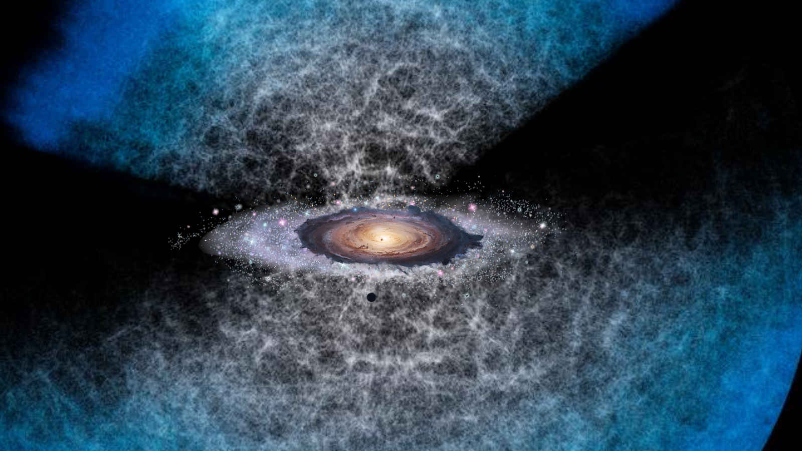 Dense webs of blue and yellow strings above and below an image of the Milky Way.