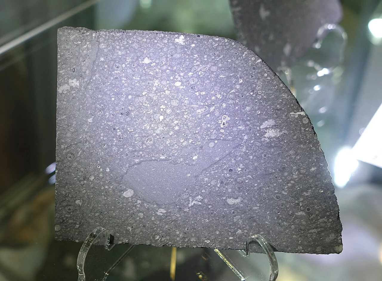 A specimen of the Allende meteorite at the Center for Meteorite Studies, Arizona State University. More than two tons fell across Chihuahua in 1969, and fragments are still yielding new results more than half a century later.
