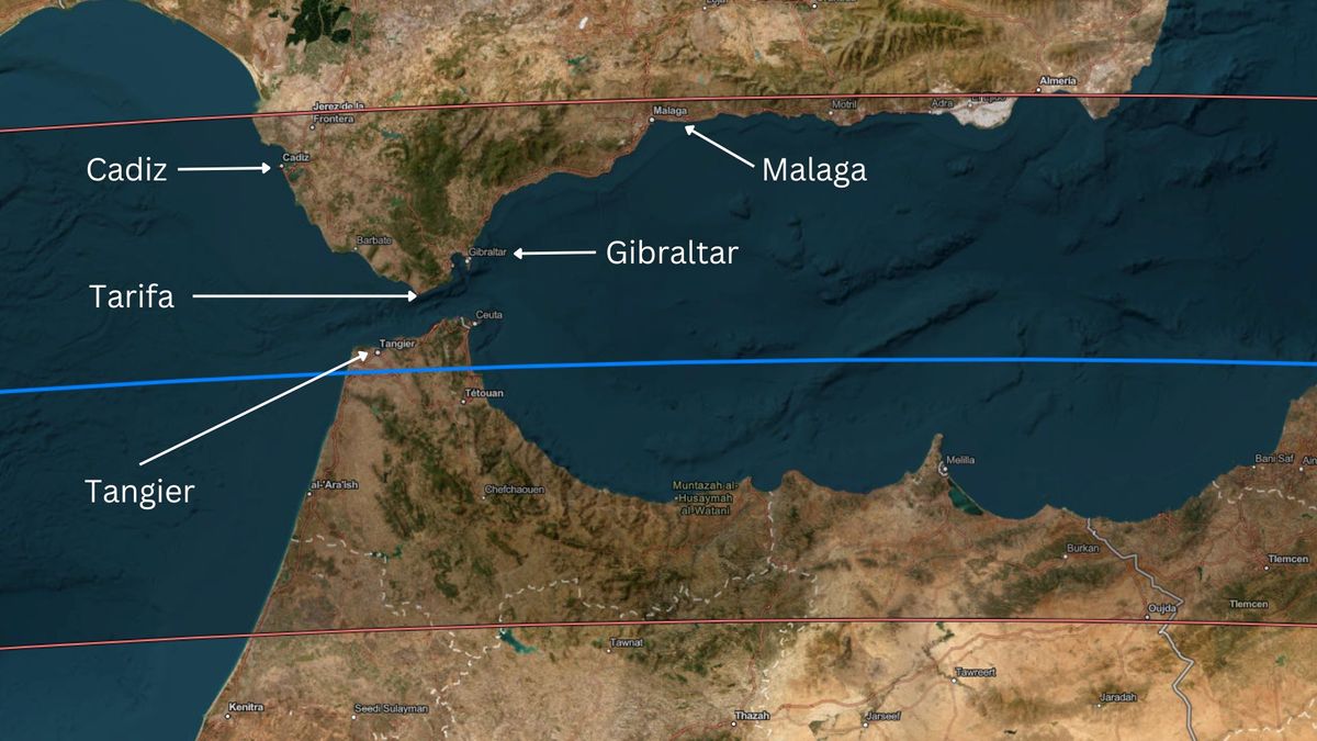 Maps showing the path of totality for the 2027 total solar eclipse.