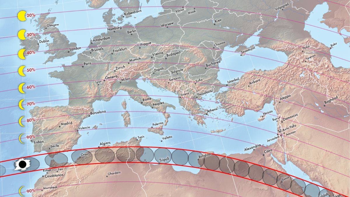 map showing the path of the total solar eclipse in 2027 - across southern spain and into the middle east.