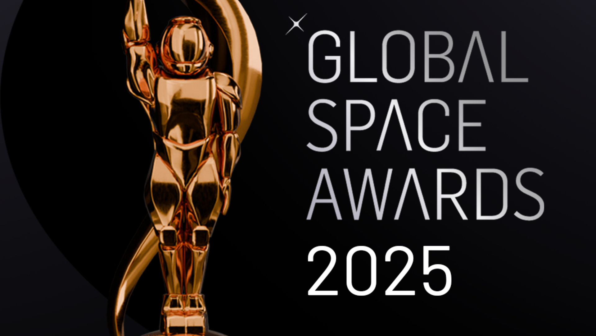 A golden astronaut trophy in front of a dark background with the words