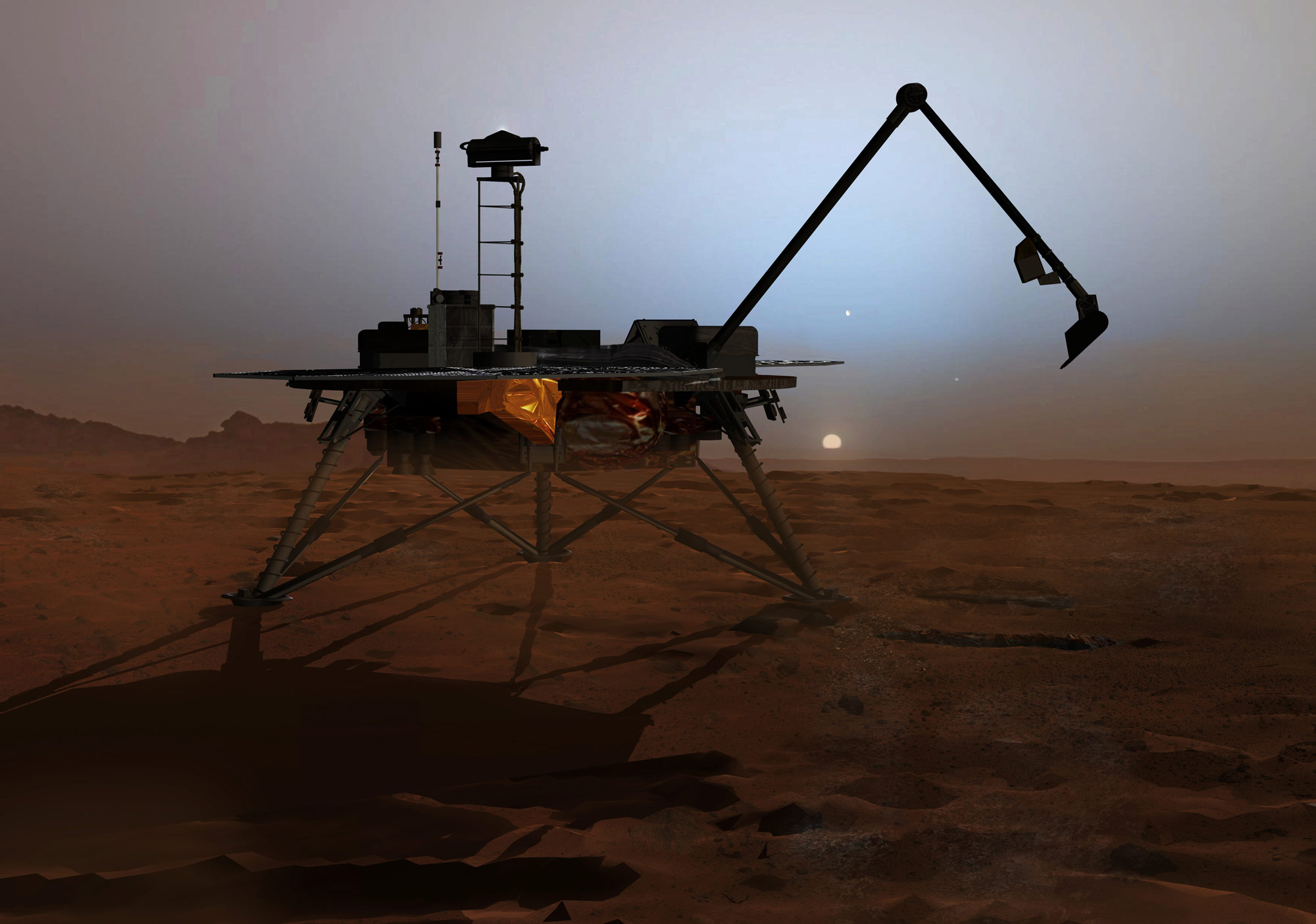 An artist's impression of the Phoenix lander on Mars, which discovered perchlorate in the Martian regolith.