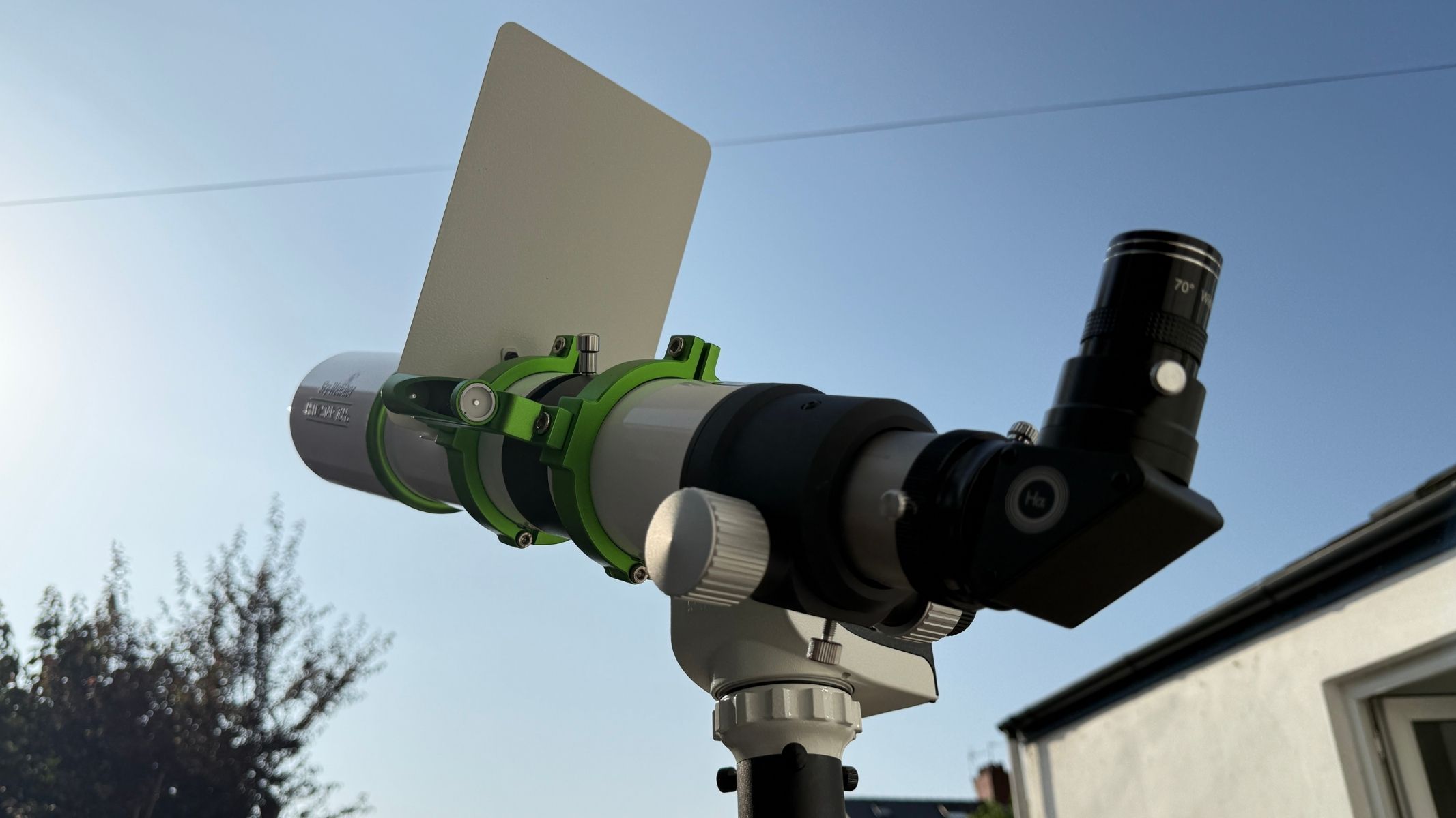 The Sky-Watcher SolarQuest solar telescope mount with the Sky-Watcher Heliostar 76mm solar telescope attached and pointing at the sun.