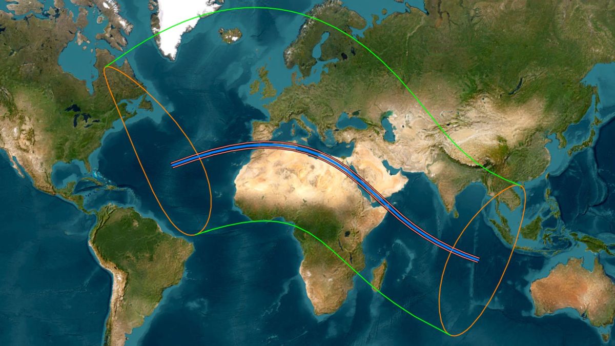 Maps showing the path of totality for the 2027 total solar eclipse.