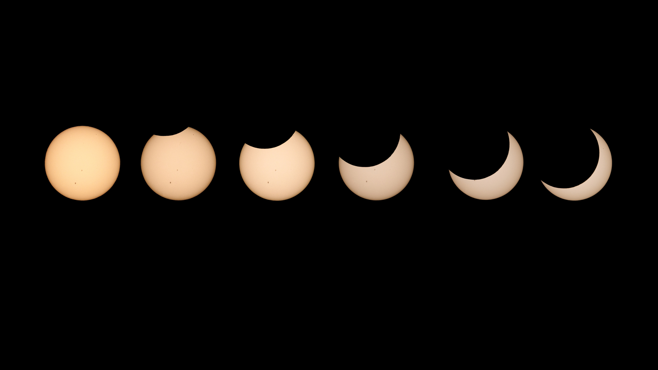 sequence of a partial solar eclipse shows the moon taking a bigger and bigger 