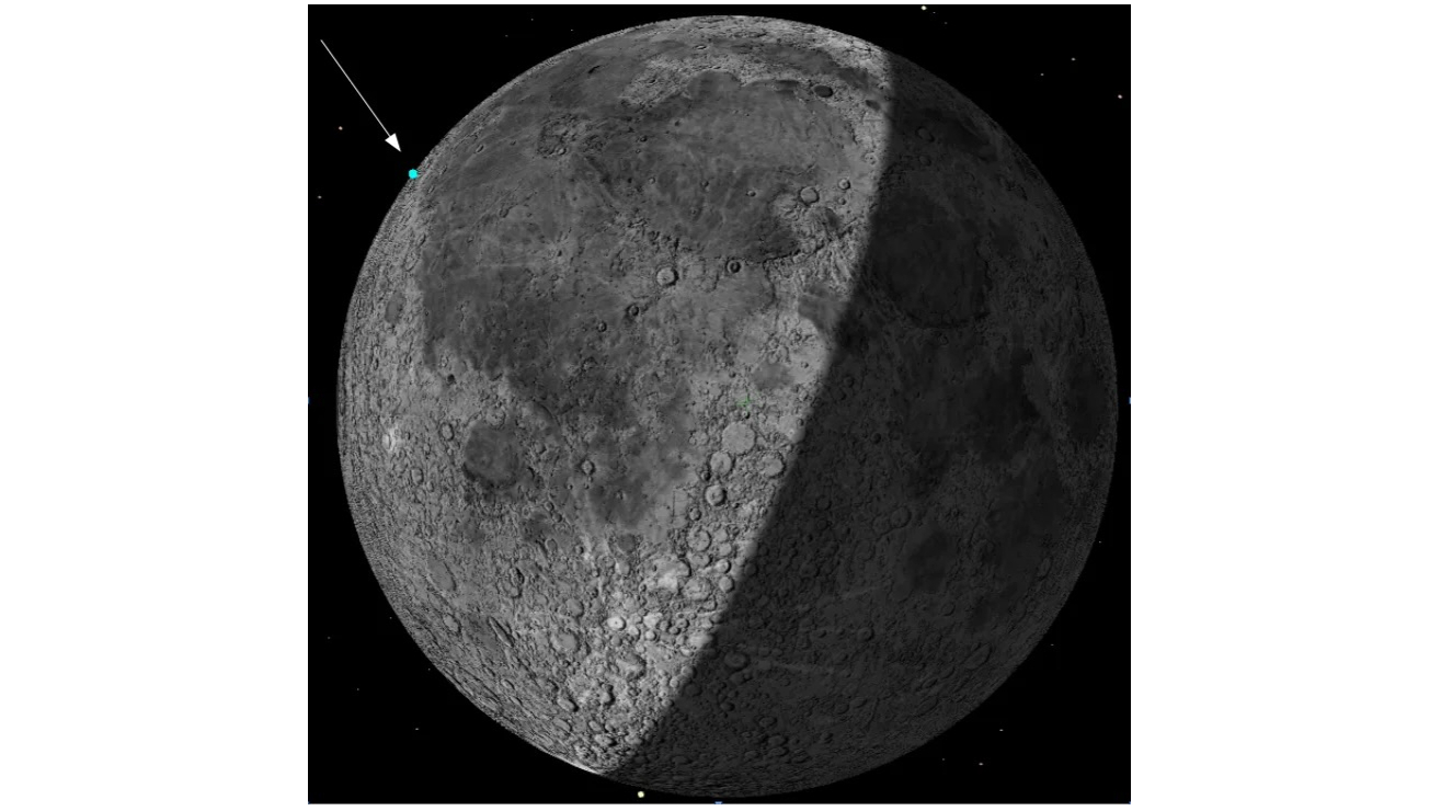Illustration of the moon, with a white arrow pointing to a spot on its upper lefthand limb