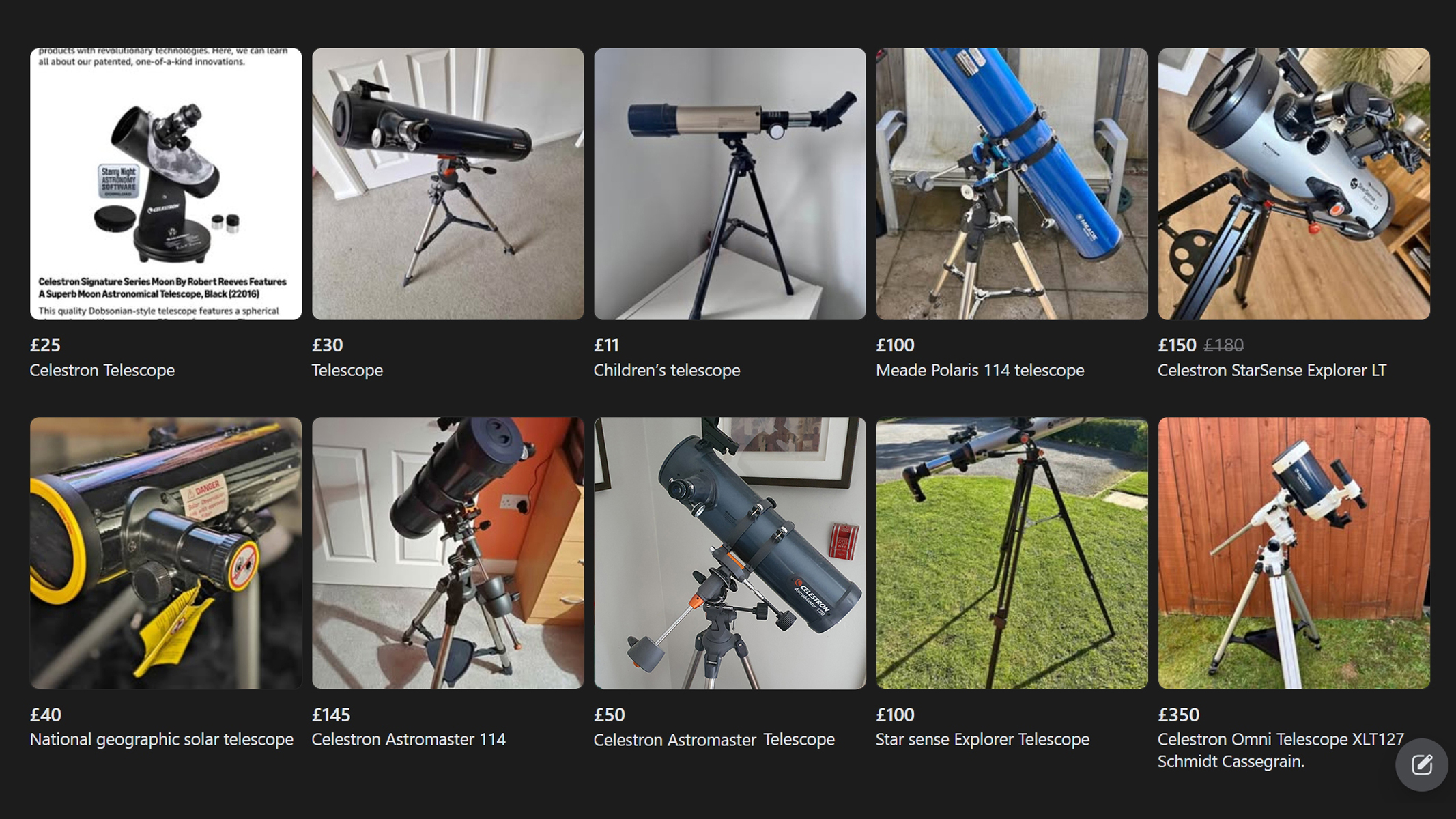 A collection of telescopes for sale on Facebook Marketplace.