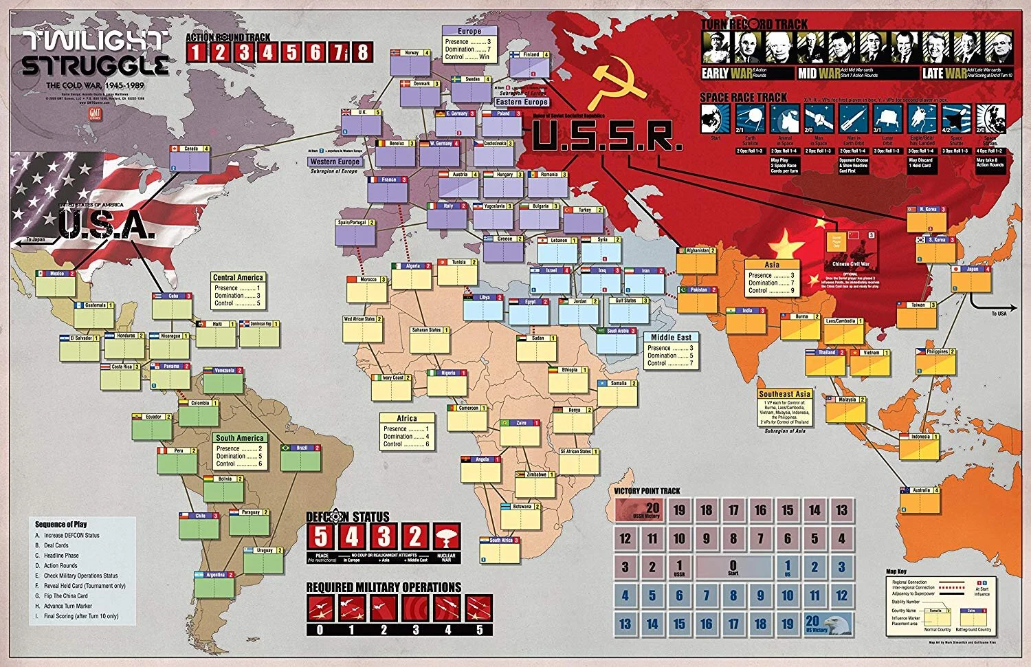 The board for space-race themed board game "Twilight Struggle"