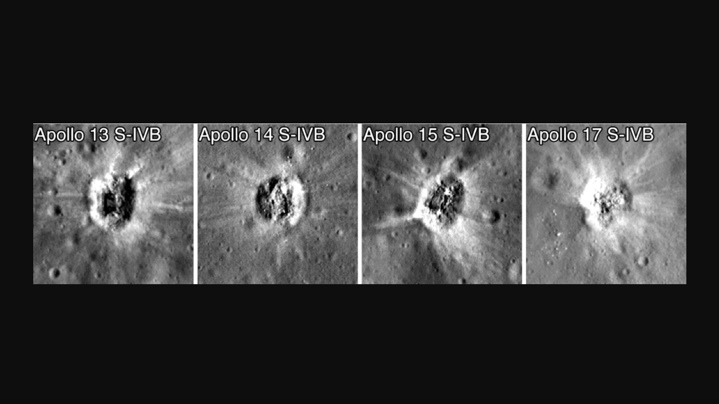four side-by-side images of moon craters, seen from space by a lunar orbiter