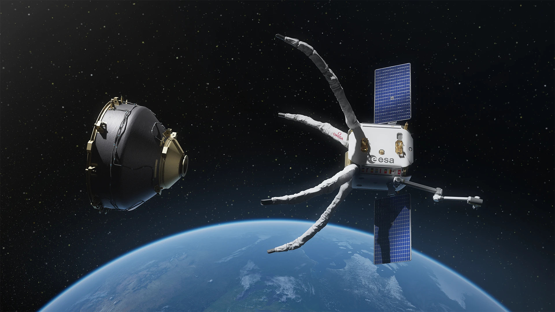 An artistic impression of the ClearSpace-1 servicer approaching the VESPA payload adapter in the world’s first active debris removal mission, commissioned by the European Space Agency (ESA)