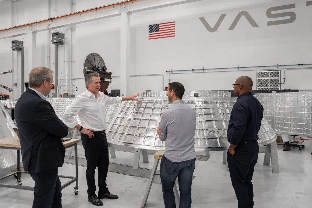 California Gov. Gavin Newsom visited Vast Space headquarters in early June with Long Beach Mayor Rex Richardson. From left: Vast CEO Max Haot, Newsom, Vast chief operating officer Kris Young and Richardson. Credit: Vast Space