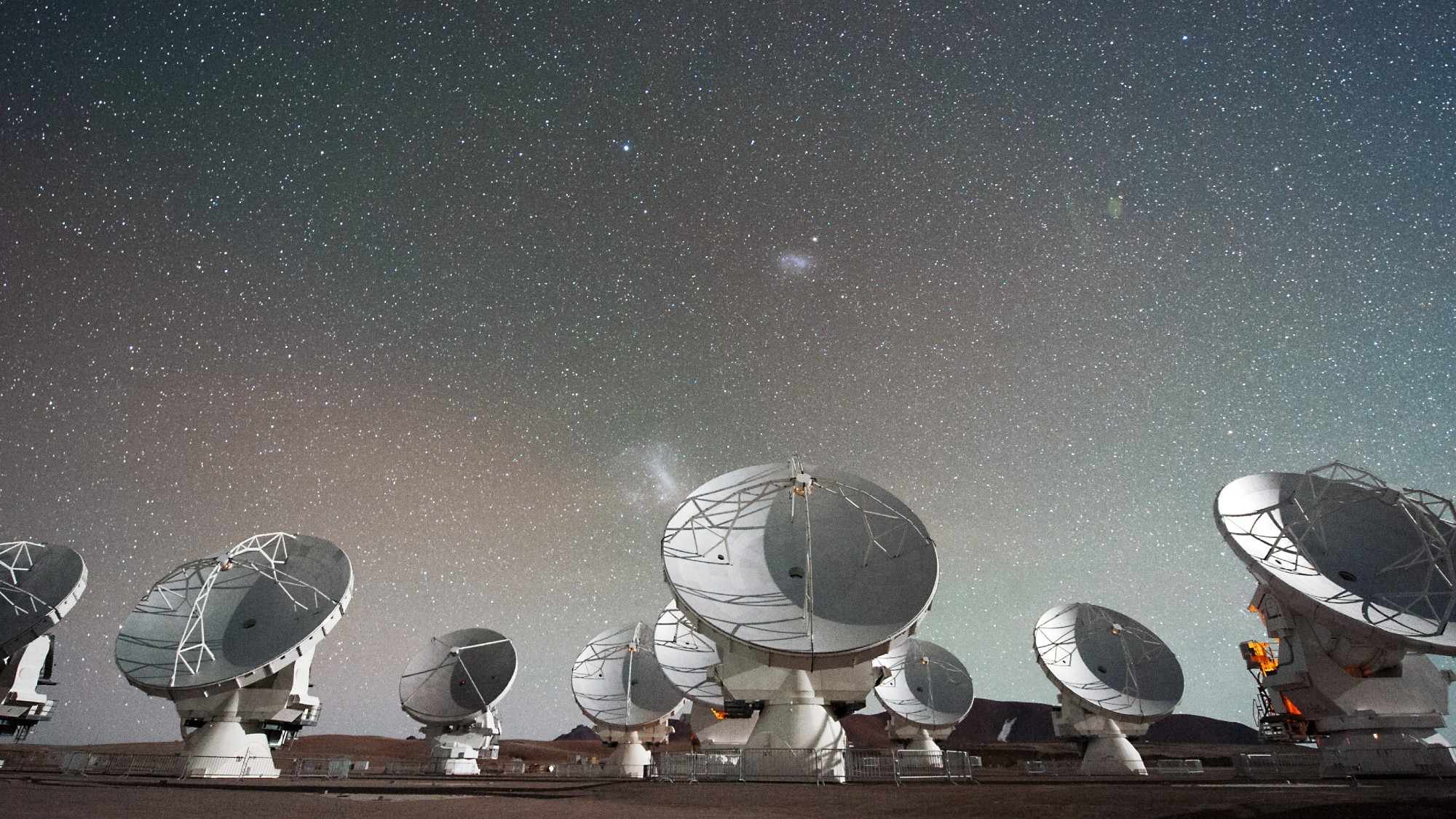 a dozen large round radio antenna dishes point upwards into a starry night sky