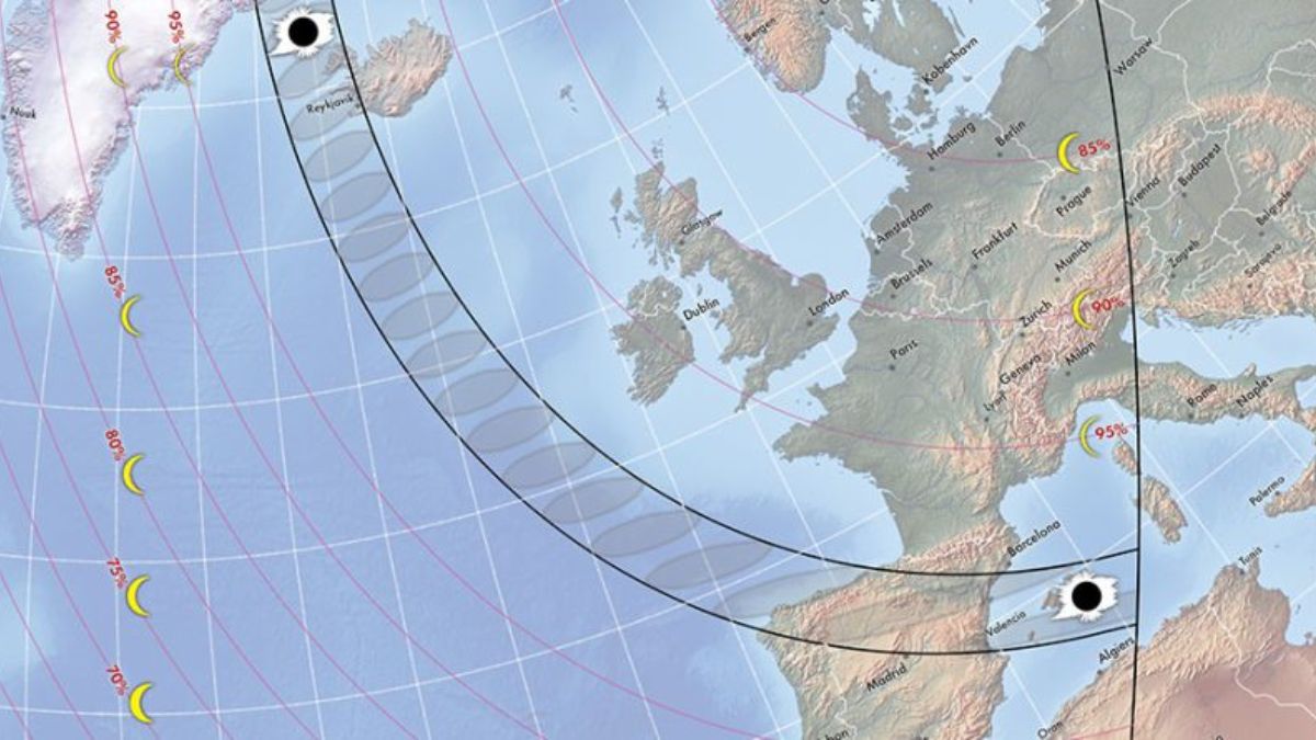a map showing the path of the total solar eclipse from Greenland down to Spain.