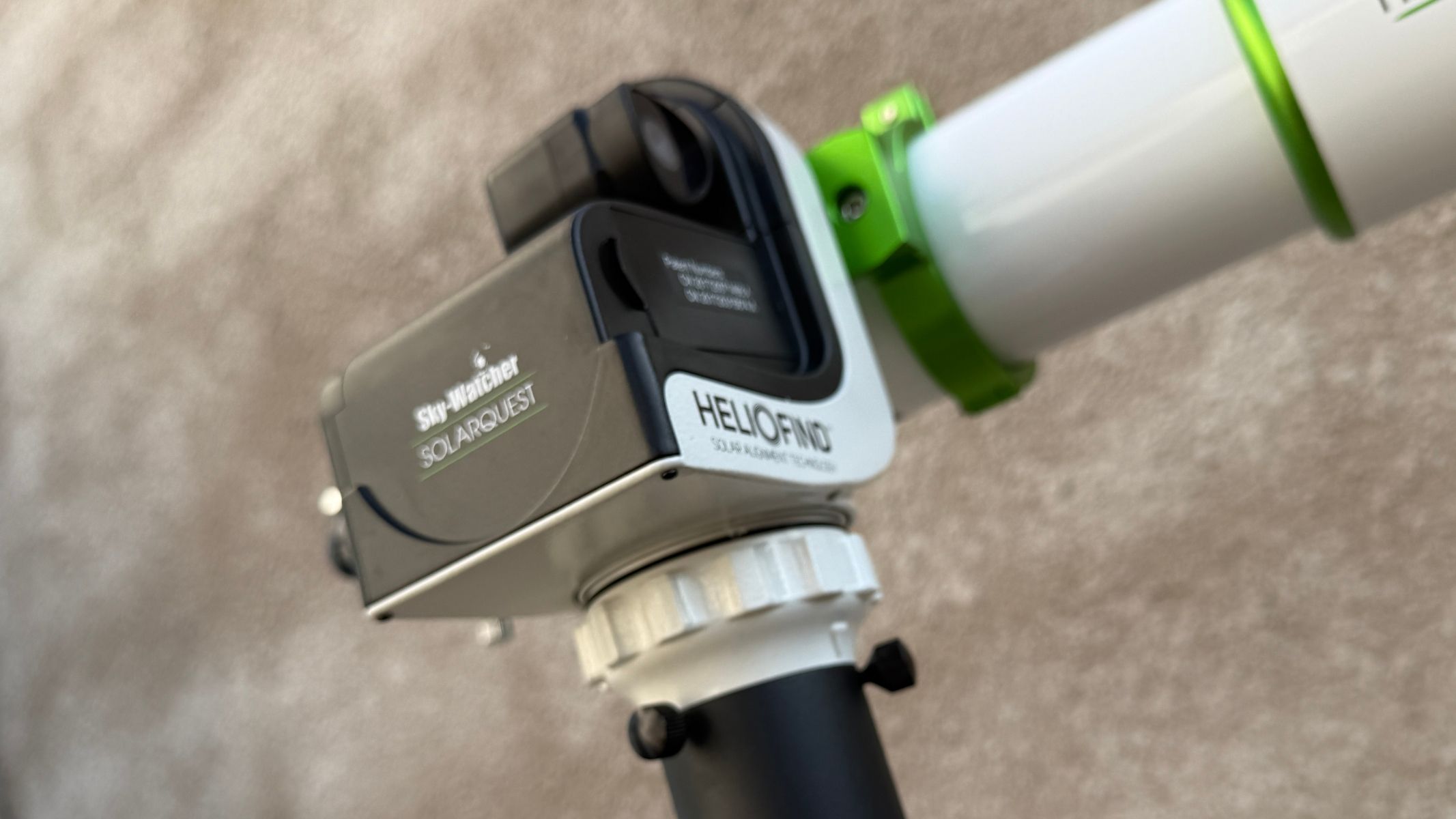 A close-up of the Sky-Watcher SolarQuest solar telescope mount with the Sky-Watcher Heliostar 76mm solar telescope attached.