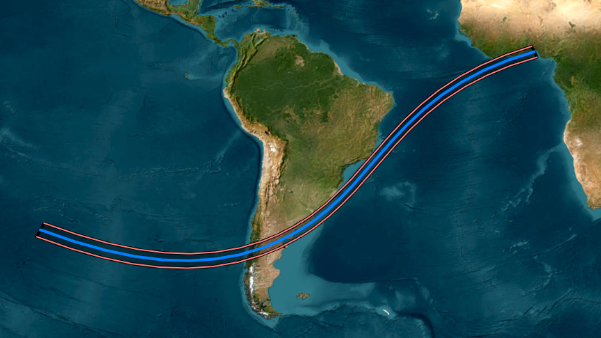 map showing the path of annularity across South America and the west coast of Africa.