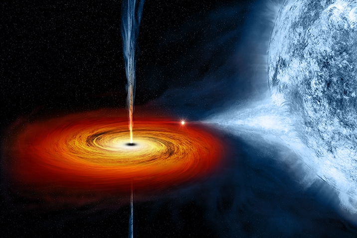 a glowing red disk of glowing gas around a bright black orb. the disk is being created by a cone of blue-white gas streaming from a nearby blue-white orb