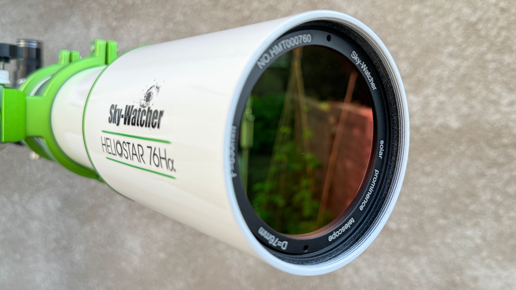 The aperture of the Sky-Watcher Heliostar 76mm H-alpha solar telescope.