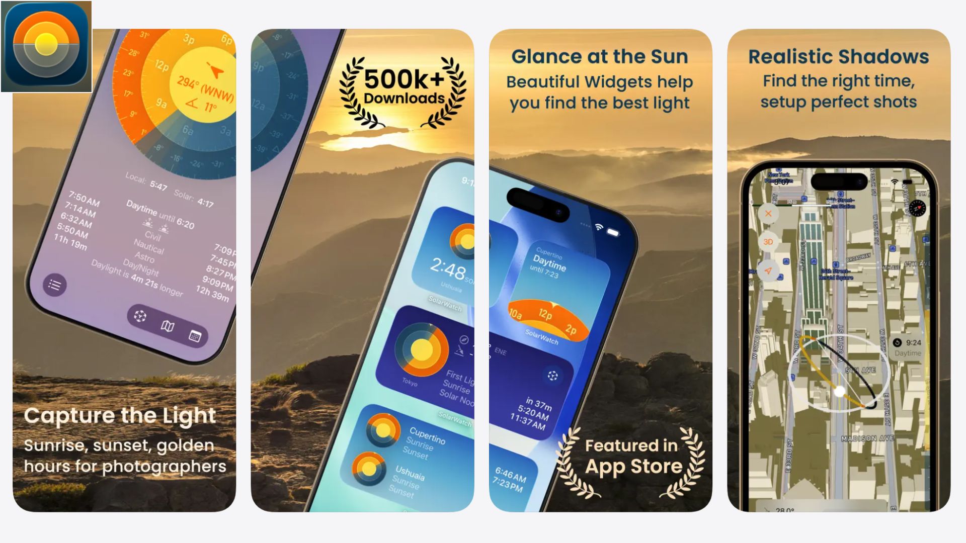 Four smartphone screenshots for eclipse apps are shown side by side against a white background.