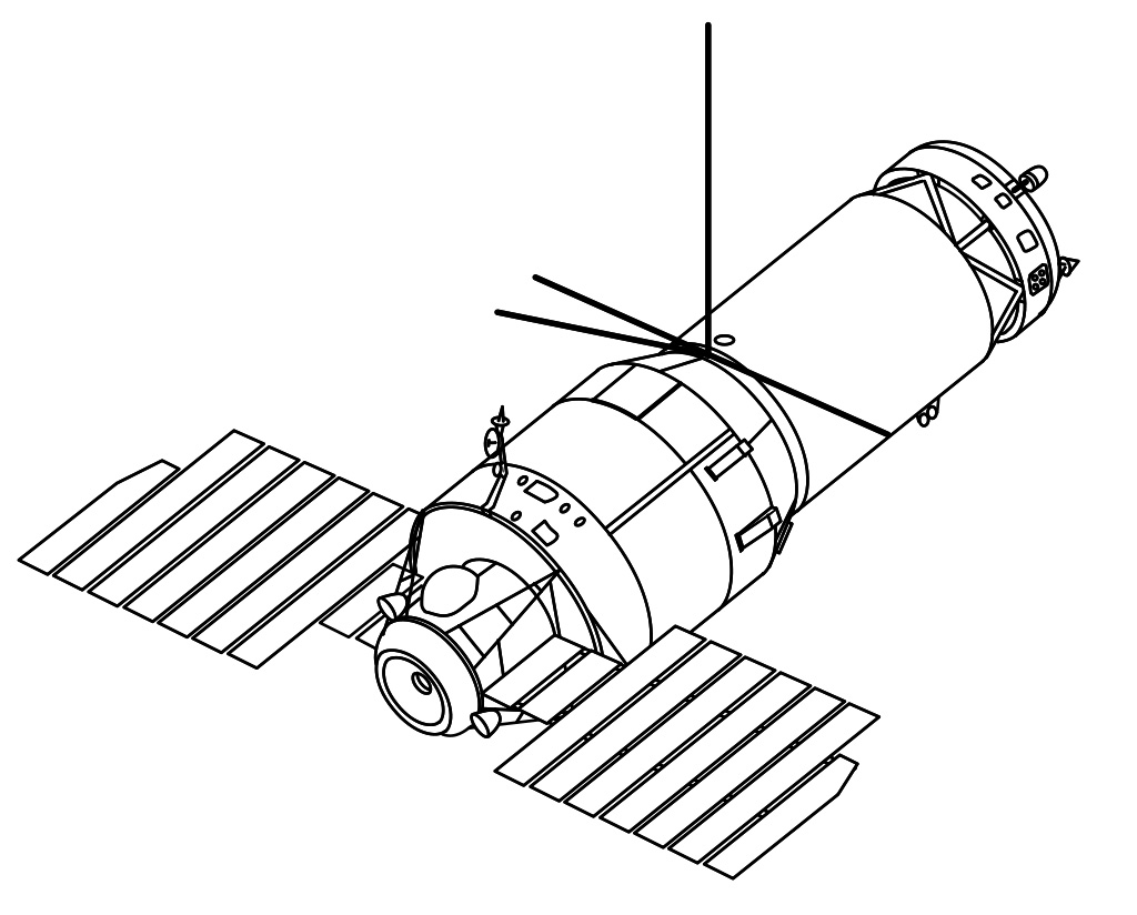 A diagram of a Soviet Almaz space station, such as Salyut 3 and Salyut 5.
