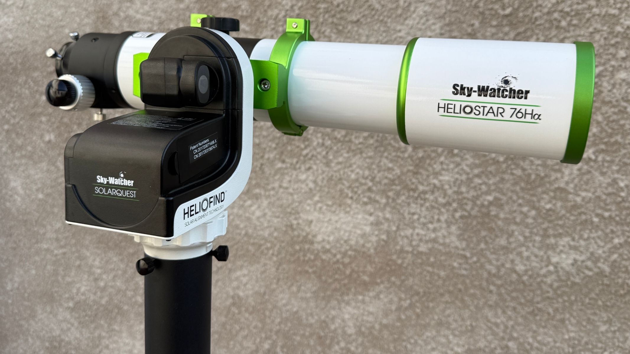 Sideview of the Sky-Watcher Heliostar 76mm H-alpha solar telescope attached to the Sky-Watcher SolarQuest mount.
