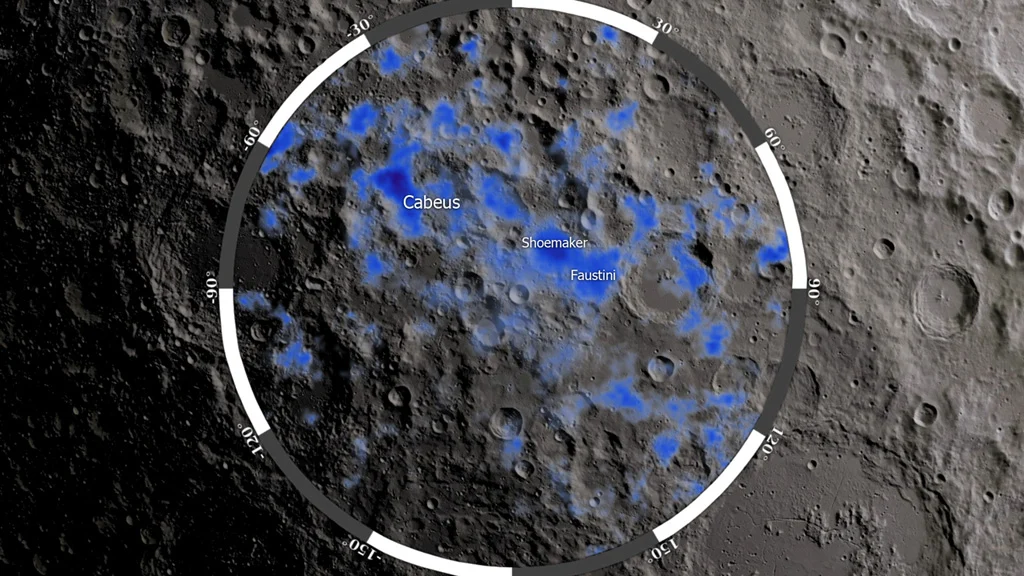 A map of possible lunar water deposits around the south pole region of the Moon. Courtesy: Chandrayaan mission. Credit: ISRO.