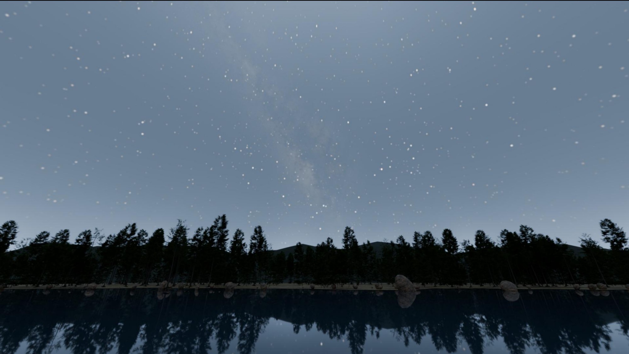 a night sky in which hundreds of stars are visible above a tree line