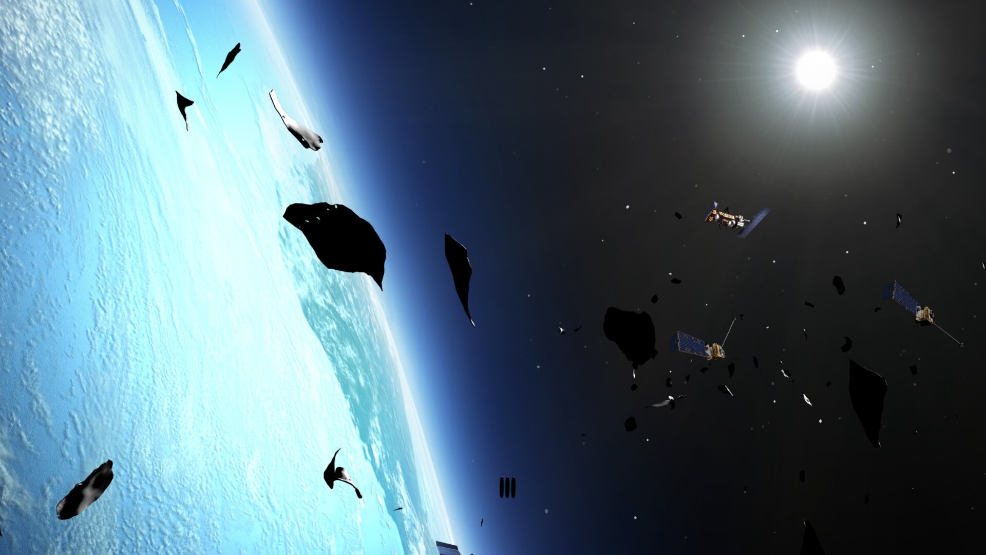 A look at orbital debris floating above Earth's atmosphere in space.