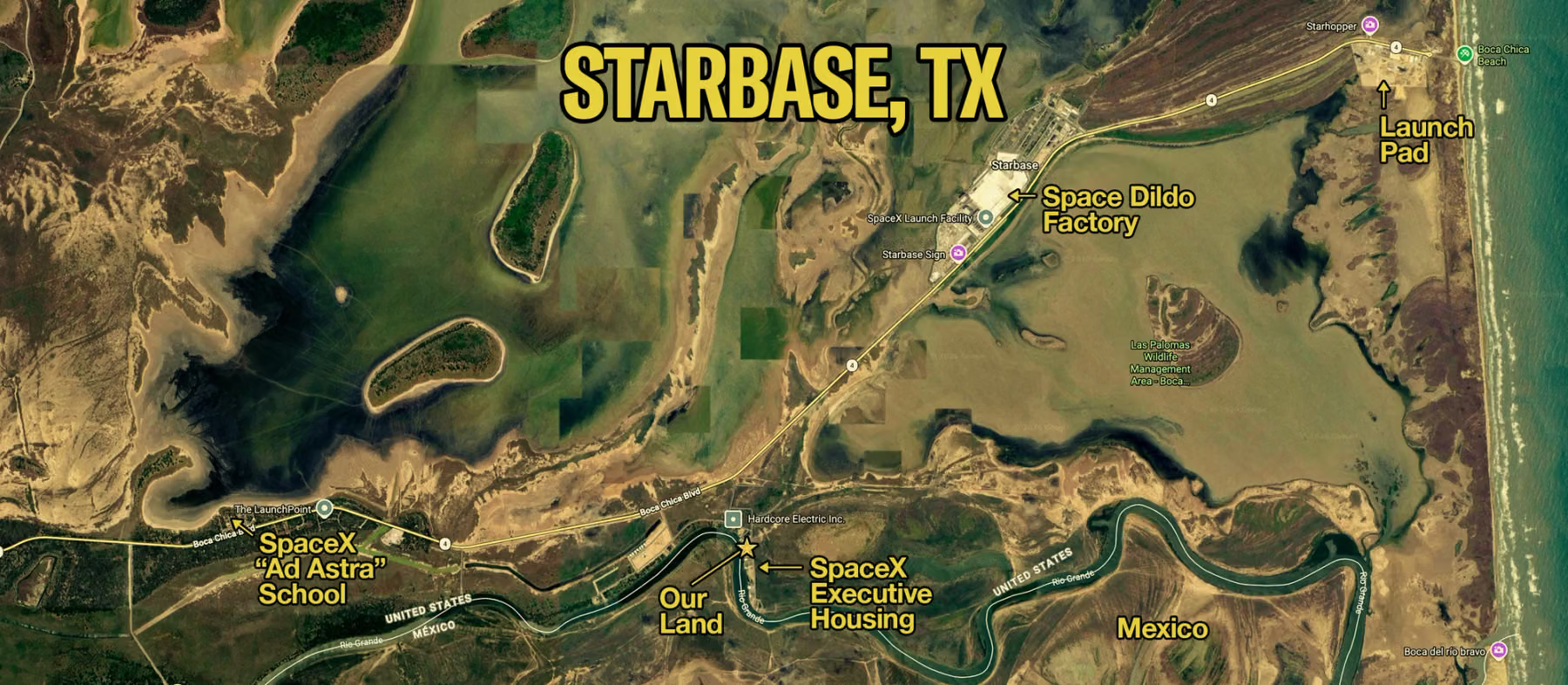 A map labeles locations around Starbase, TX, with SpaceX Executive housing shown next to property owned by Cards Against Humanity.