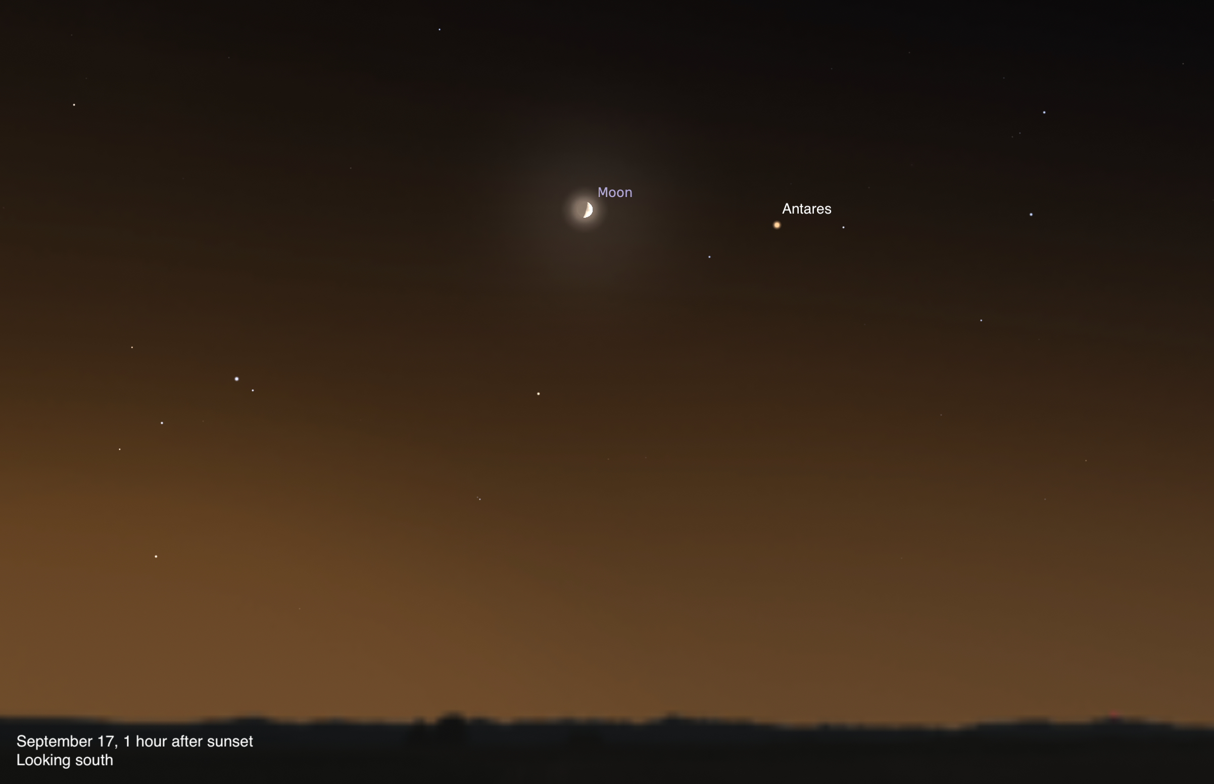 A sky chart showing the southern sky on September 17, 2026, one hour after sunset. The crescent Moon glows brightly near the upper center, with Antares labeled as a reddish-orange point just to its right. The sky transitions from deep brown-black above to a warm amber-brown twilight glow near the dark horizon silhouette.
