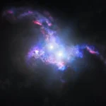 Illustration showing quasars coming together in merging galaxies. Credit: NASA