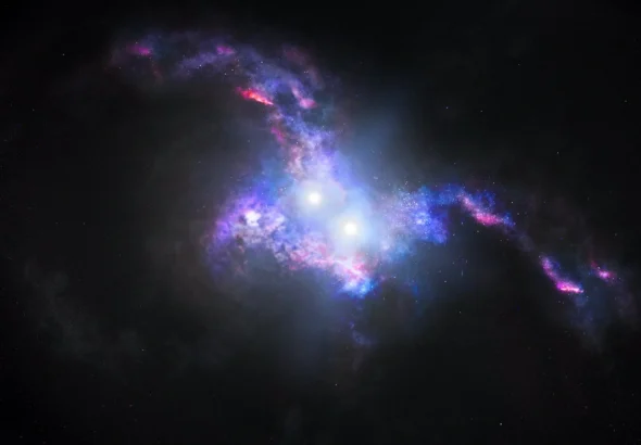 Illustration showing quasars coming together in merging galaxies. Credit: NASA