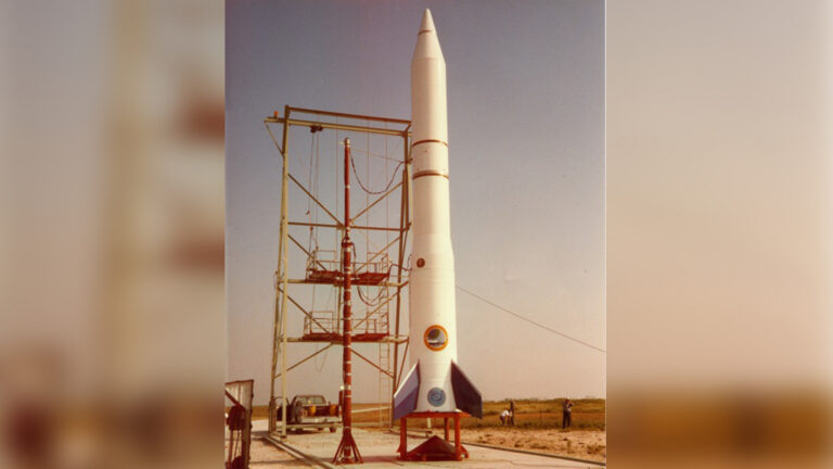 The private Conestoga 1 rocket sits atop its launchpad at Matagorda Island, Texas ahead of its historic Sept. 9, 1982 launch. It was the first privately developed rocket to fly.