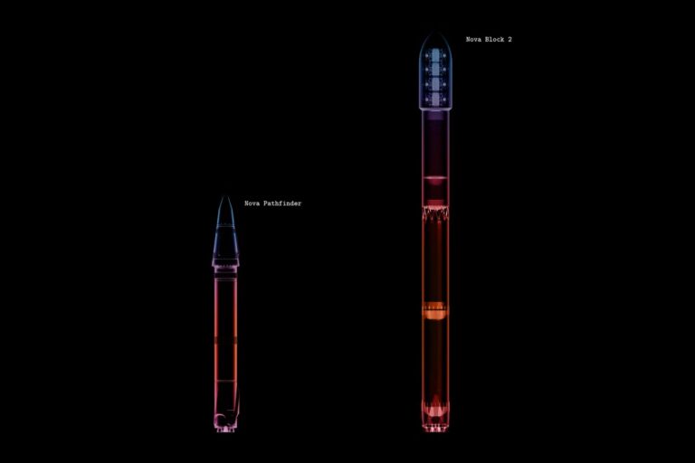 Colorful outlines of two different rockets stand side by side. The right one is taller.