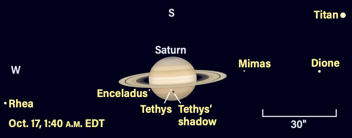 Saturn and its moons on october 17, 2026, at 1:40 AM EDT