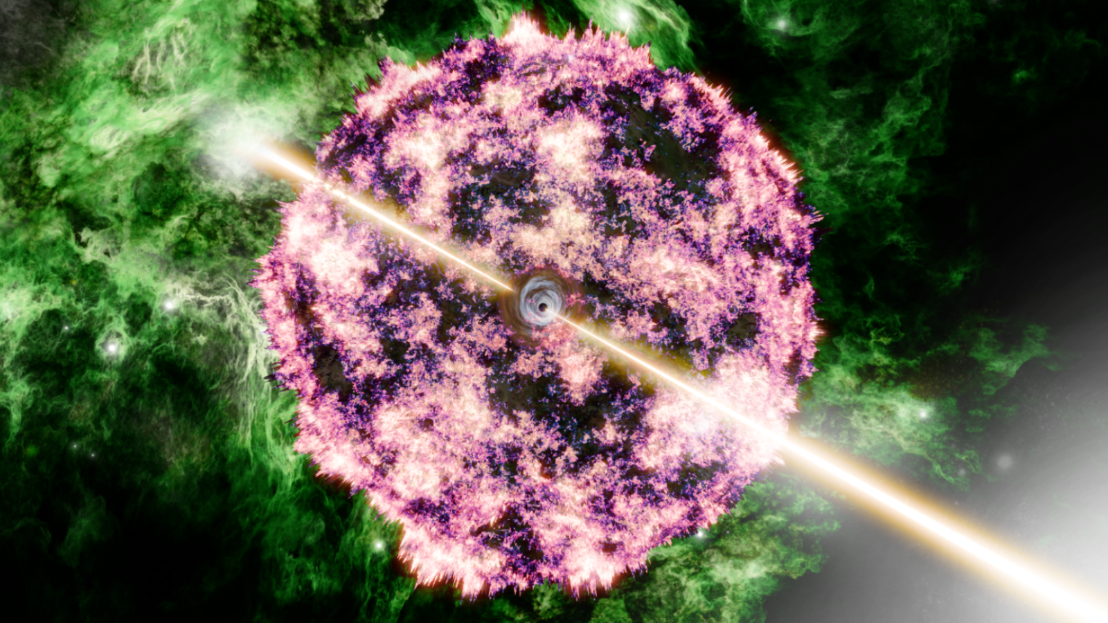 A purple sphere against a green background with two yellow beams emerging from it