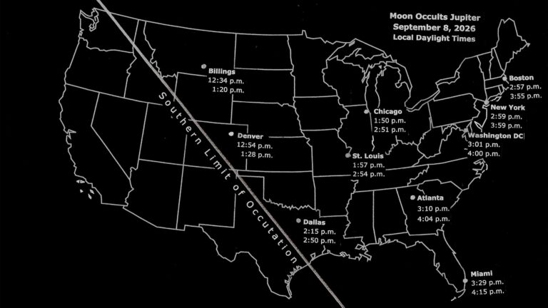 map of the US showing where the jupiter occultation is visible from on sept 8.