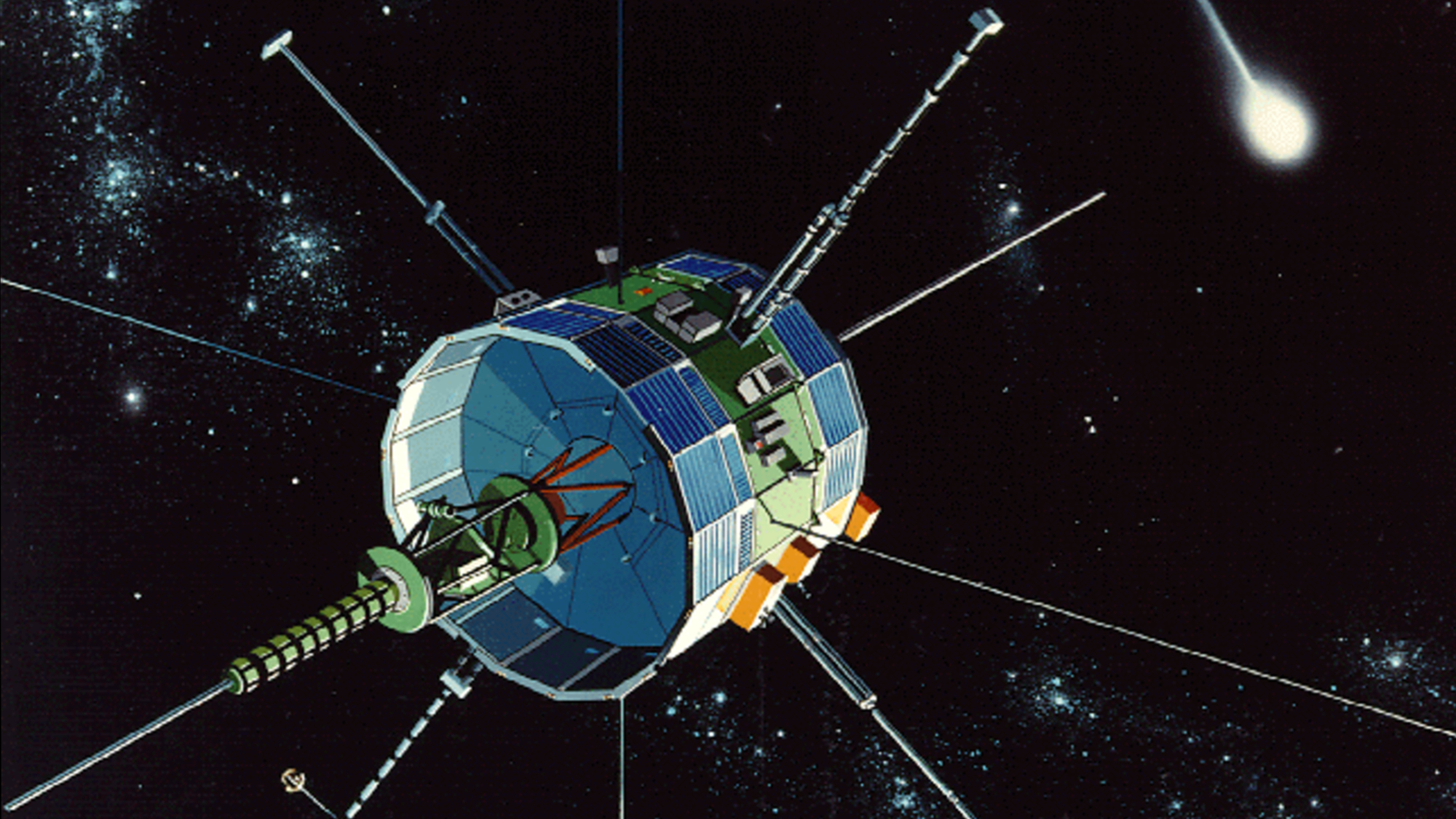 A cylindrical spacecraft approaches a comet in an artist's rendering
