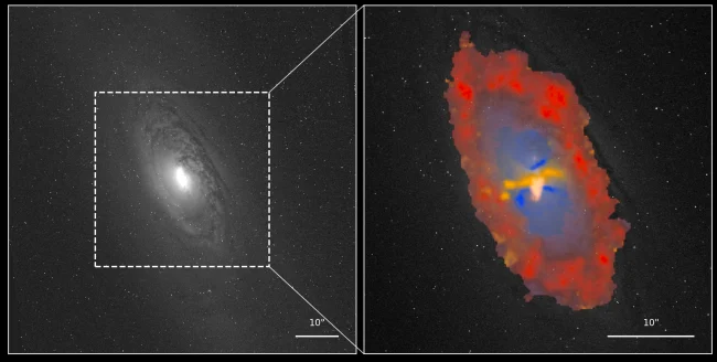 The galaxy NGC 1386, shown in grayscale on the left and zoomed in to the central region on the right. The colors represent star formation in red, black-hole radiation in blue, and shocks in yellow. Image courtesy Peixin Zhu.