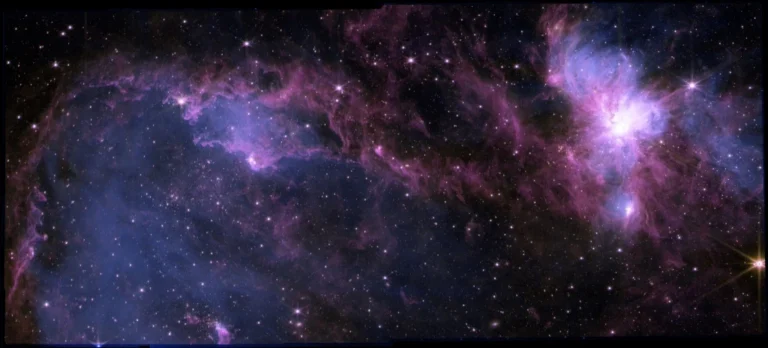 A composite image created using JWST NIRCam and ALMA data. Light from stars is shown in yellow, while blue and purple represent the dust and gas fueling star formation. Such clouds rely on the cycling of neutral hydrogen to supply hydrogen gas. Image Credit: NSF/AUI/NSF NRAO/S.Dagnello