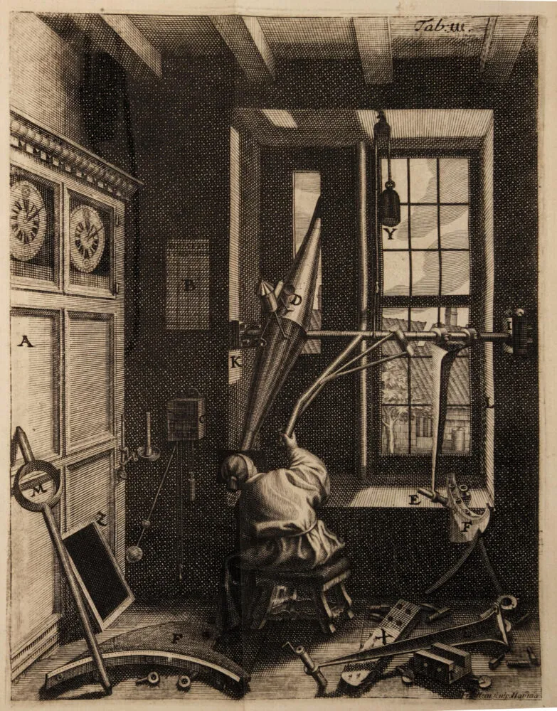 A monochrome engraving depicts a person seated on a stool with their back turned, operating a large cone-shaped instrument pointing toward an open window in the background. The room is filled with scientific tools, including a tall wooden clock cabinet on the left wall, pendulums, and various instruments spread across the floor. Detailed cross-hatching creates high contrast, casting deep shadows across the dark interior while bright light streams in through the window pane.