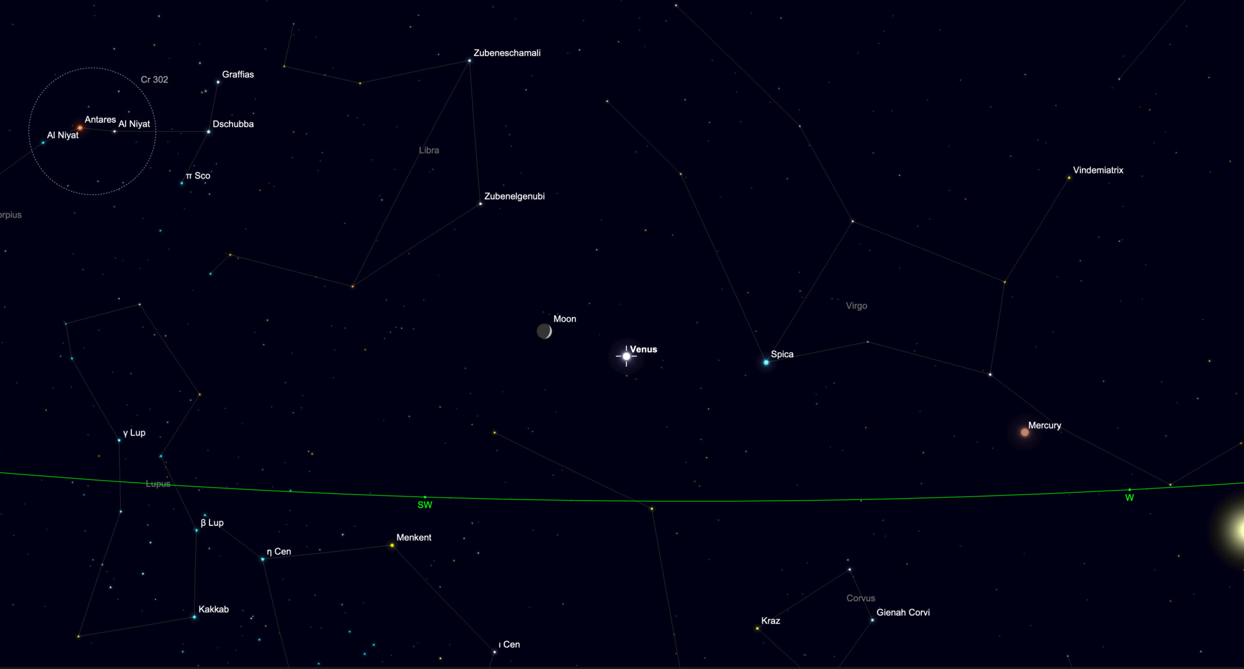 night sky graphic showing venus shining near the moon.
