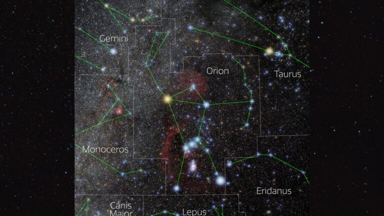 night sky map showing the constellation Orion in the night sky.