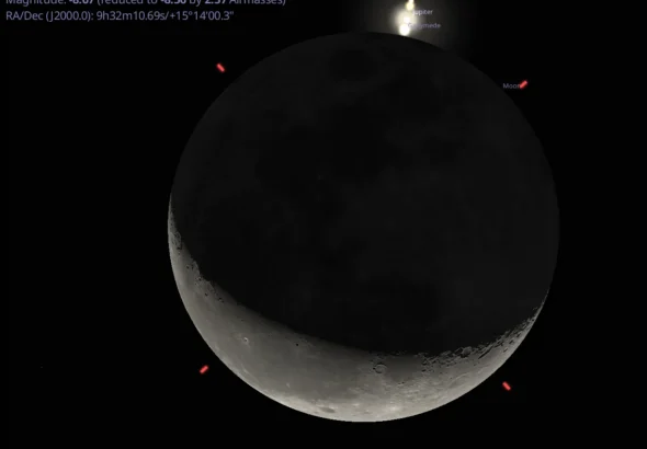 The reappearance of Jupiter from behind the Moon on October 6th. Credit: Stellarium.