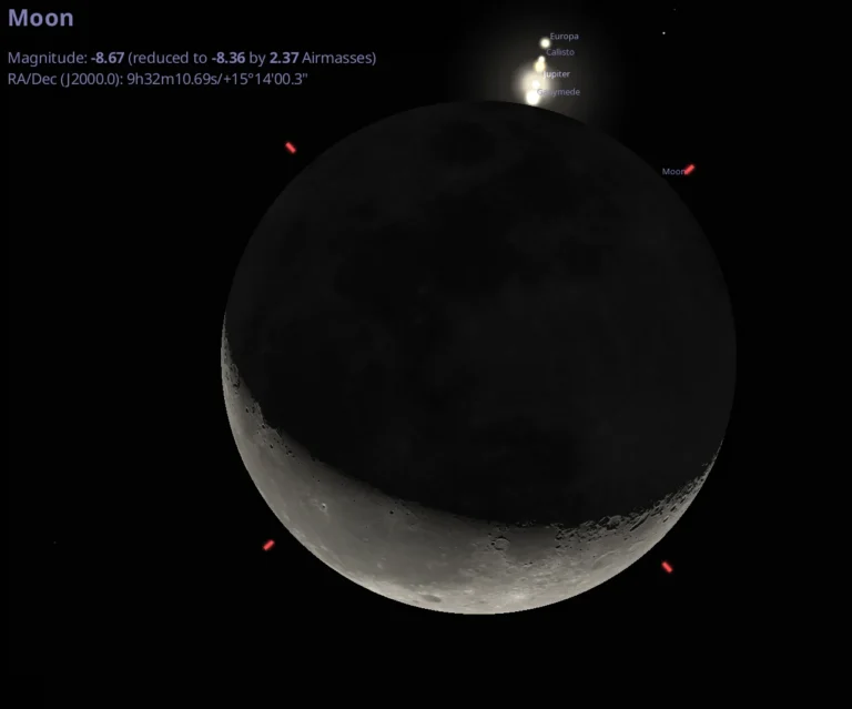 The reappearance of Jupiter from behind the Moon on October 6th. Credit: Stellarium.