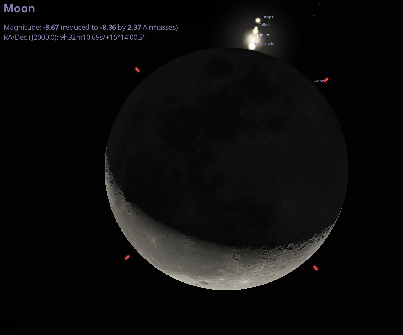 The reappearance of Jupiter from behind the Moon on October 6th. Credit: Stellarium.