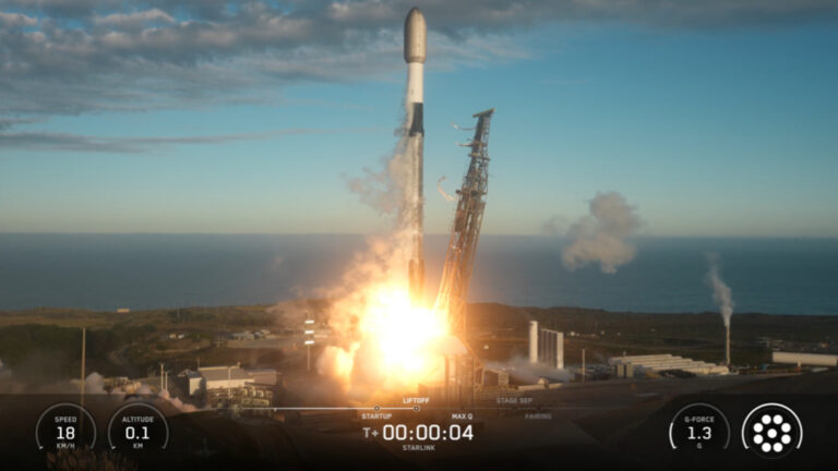 A black and white SpaceX satellite launches Starlink satellites from a seaside launch pad.