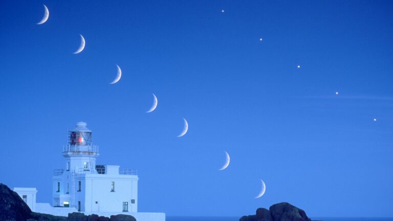composite image showing the moon and venus in the night sky over a lighthouse.