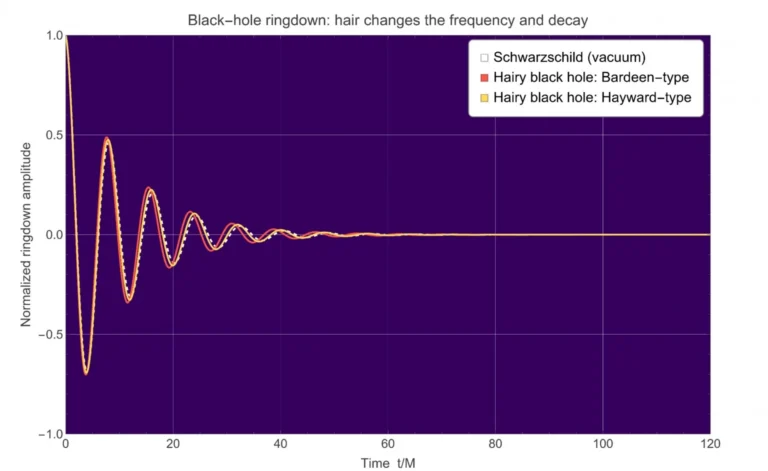 A comparison of different black hole models shows that their ringdown frequencies differ. Credit: Ariadna Uxue Palomino Ylla, Nagoya University