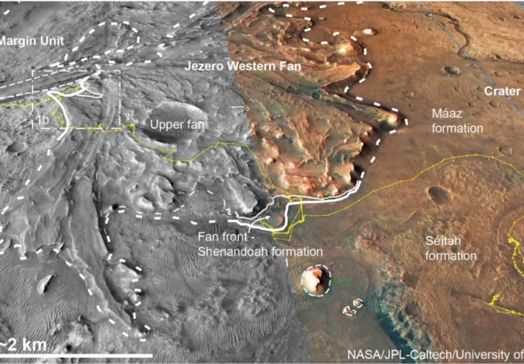 Diagram of the Jezero Crater, showing where the Perseverance rover has traversed to search for ancient biosignatures. Credit: NASA/JPL-Caltech/University of Arizona/JR/VRVis